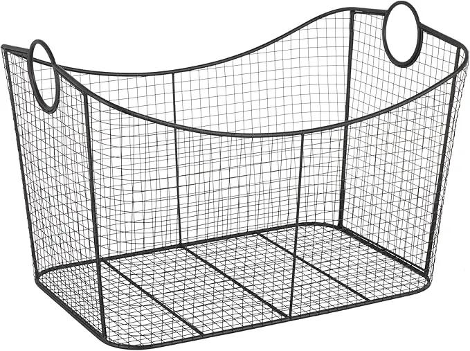 Deco 79 Metal Large Open Frame Wire Grid Storage Basket with Curved Sides and Ring Handles, 30" x 20" x 20", Black by GreenHaven Gardens