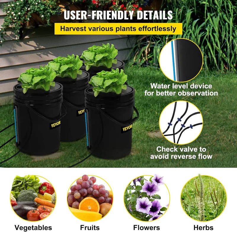 VEVOR DWC Hydroponic System, 5 Gallon 4 Buckets, Deep Water Culture Growing Bucket, Hydroponics Grow Kit with Pump, Air Stone and Water Level Device, for Indoor/Outdoor Leafy Vegetables by GreenHaven Gardens