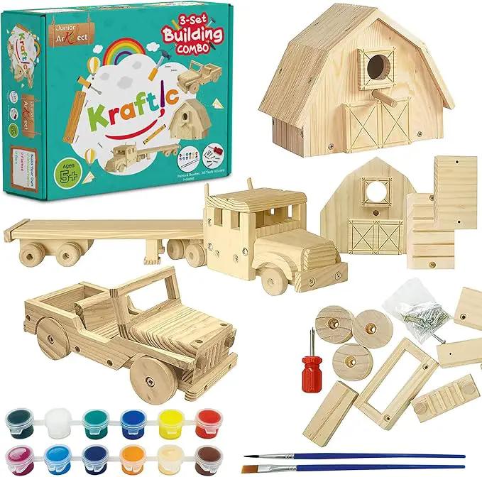 Kraftic Woodworking Building Kit for Kids and Adults, Set of 3 Educational DIY Carpentry Construction Wood Model Kit Toy Projects for Boys and Girls - Off-Road Vehicle, Flatbed Truck, Barn Birdhouse by GreenHaven Gardens