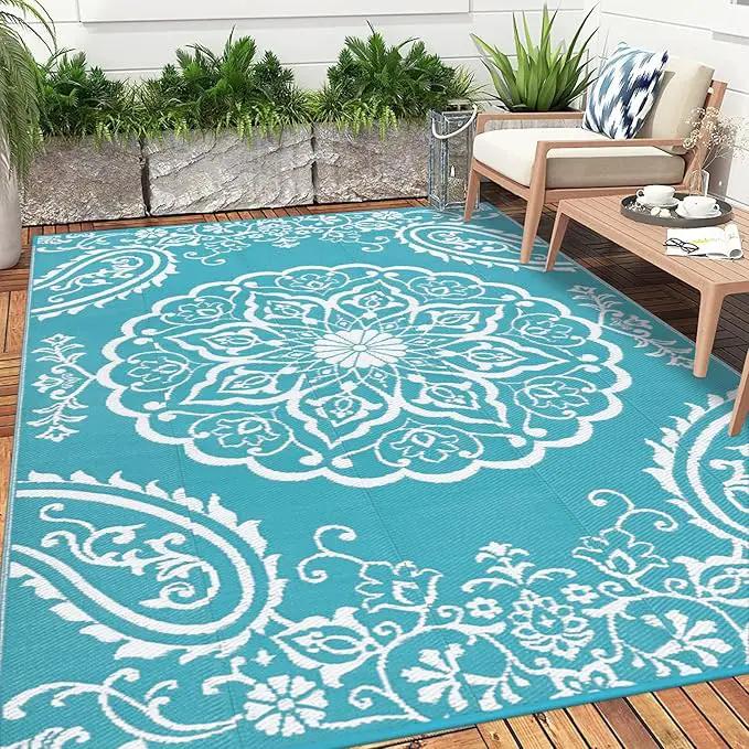 Pauwer Waterproof Outdoor Rug 9x12, Reversible Plastic Straw Patio Camping Rug, Indoor Outdoor RV Mat Carpet for Deck, Camper, Porch, Balcony, Backyard, Picnic, Boho Teal by GreenHaven Gardens