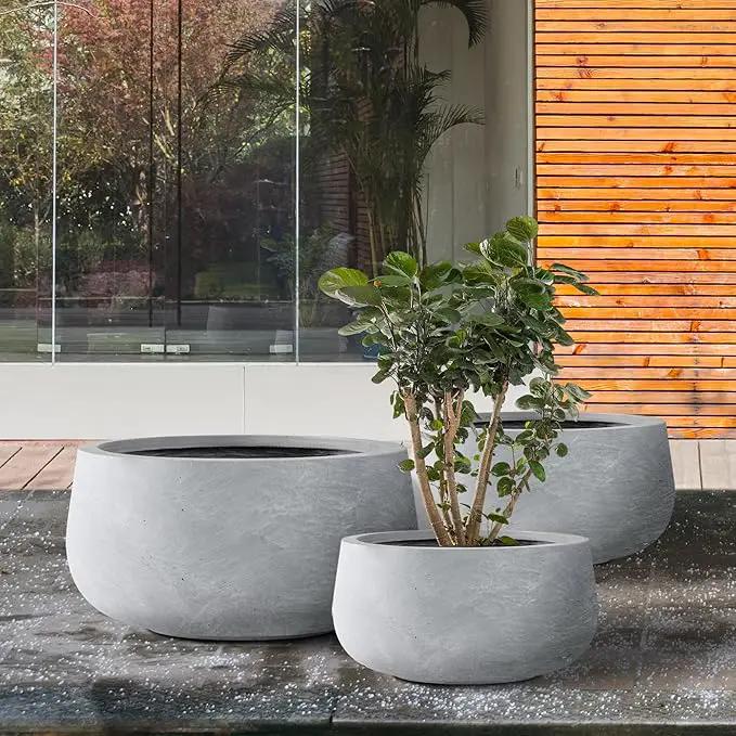 Kante 19.6",15.7",11.8" Dia Round Concrete Planters Set of 3, Cement Plant Pots with Drainage Hole and Rubber Plug for Outdoor Indoor Garden Home, Modern Curvaceous Design, Gray by GreenHaven Gardens