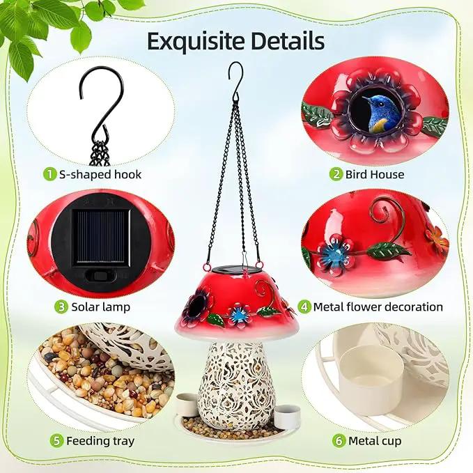 Mushroom Solar Bird Feeders for Outdoors Hanging Metal Wild Bird Feeder Garden Lantern with S Hook for Garden Decoration red by GreenHaven Gardens