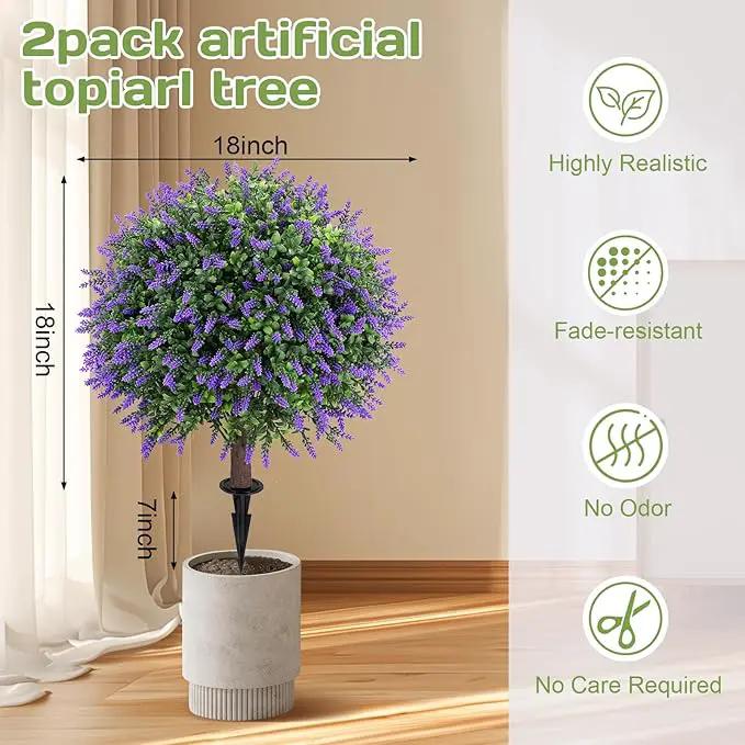 Artificial Lavender Topiary Ball Tree 25" with Ground Spike, Set of 2 Artificial Boxwood Bushes for Faux Shrubs, Fake Evergreen Faux Plant for Indoor Outdoor Porch Garden -UV Resistant–Fade-Proof by GreenHaven Gardens