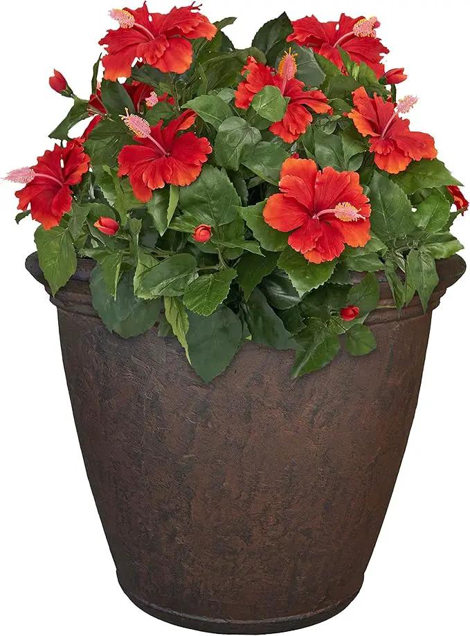Sunnydaze 24-Inch Anjelica Large Plastic Pot for Plants - Outdoor Polyresin Round Planter with Drillable Drainage Holes - Rust by GreenHaven Gardens