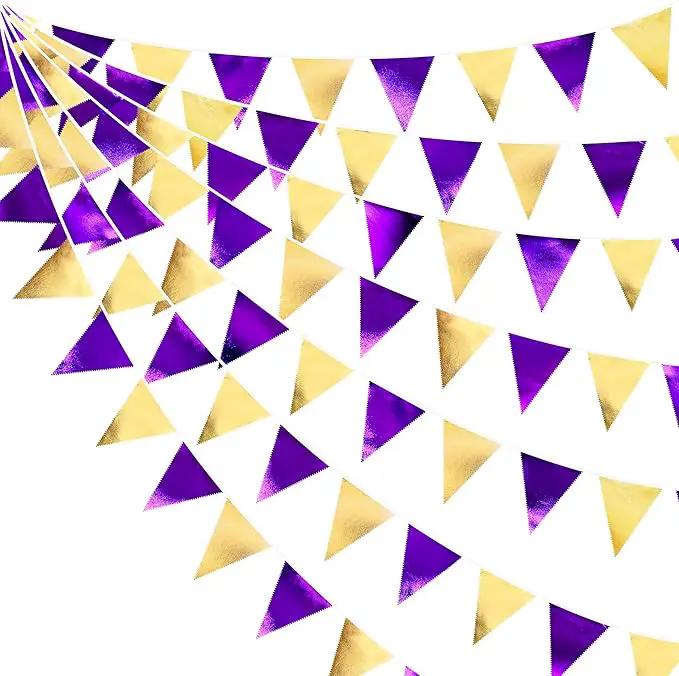 Purple and Gold Party Decorations Metallic Fabric Triangle Pennant Banner Flag Bunting Garland for Graduations Birthday Retirement Wedding Baby Shower Bachelorette Halloween Outdoor Party Supplies by GreenHaven Gardens