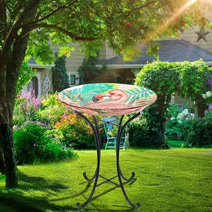VCUTEKA 18" Outdoor Glass Birdbath with Sturdy Metal Stand for Lawn, Yard, or Garden Decor Bird Lovers Gift, Flamingo Bird Bath Detachable, 22" Height by GreenHaven Gardens