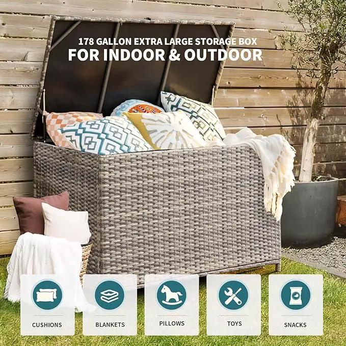 178 Gallon Outdoor Storage Box, Patio Deck Box with 2 Wheels, Handle Large Portable Wicker Rattan Deck Box for Patio Furniture Cushions, Throw Pillows, Garden Tools and Pool Floats (Gray) by GreenHaven Gardens