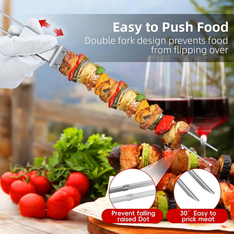 Skewers for Grilling - 13" Kabob Skewers with Push Bar Double Pronged Anti-Roll Metal Skewer for Kabobs, Stainless Steel Reusable BBQ Skewer for Grilling,Ideal for Meat Shrimp Vegetable 6pcs by GreenHaven Gardens