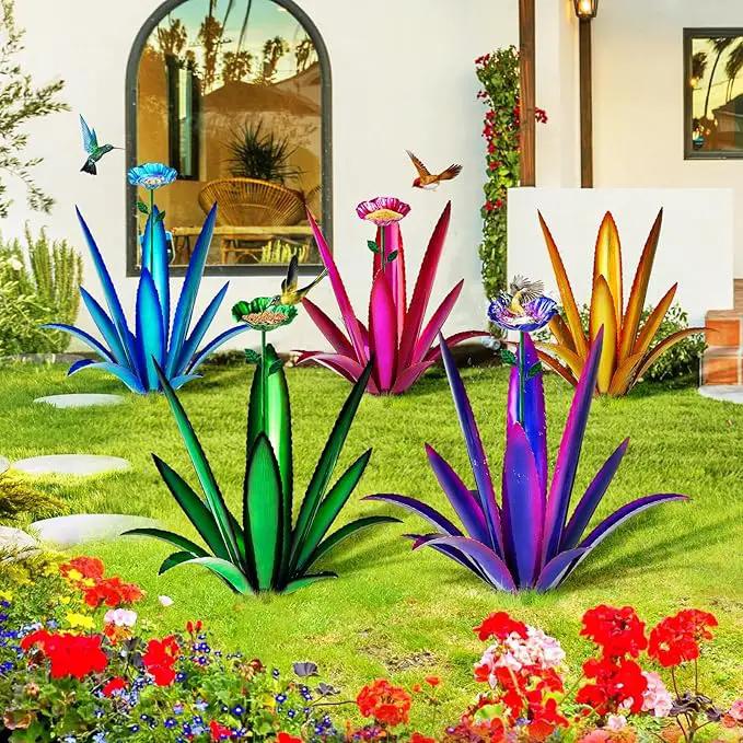 [2024 Upgraded] Large Metal Agave Yard Art, Tequila Rustic Sculpture, Hand Painted Metal Agave Plants with Bird Feeder, Garden Sculpture Statue Outdoor Decor (Green) by GreenHaven Gardens