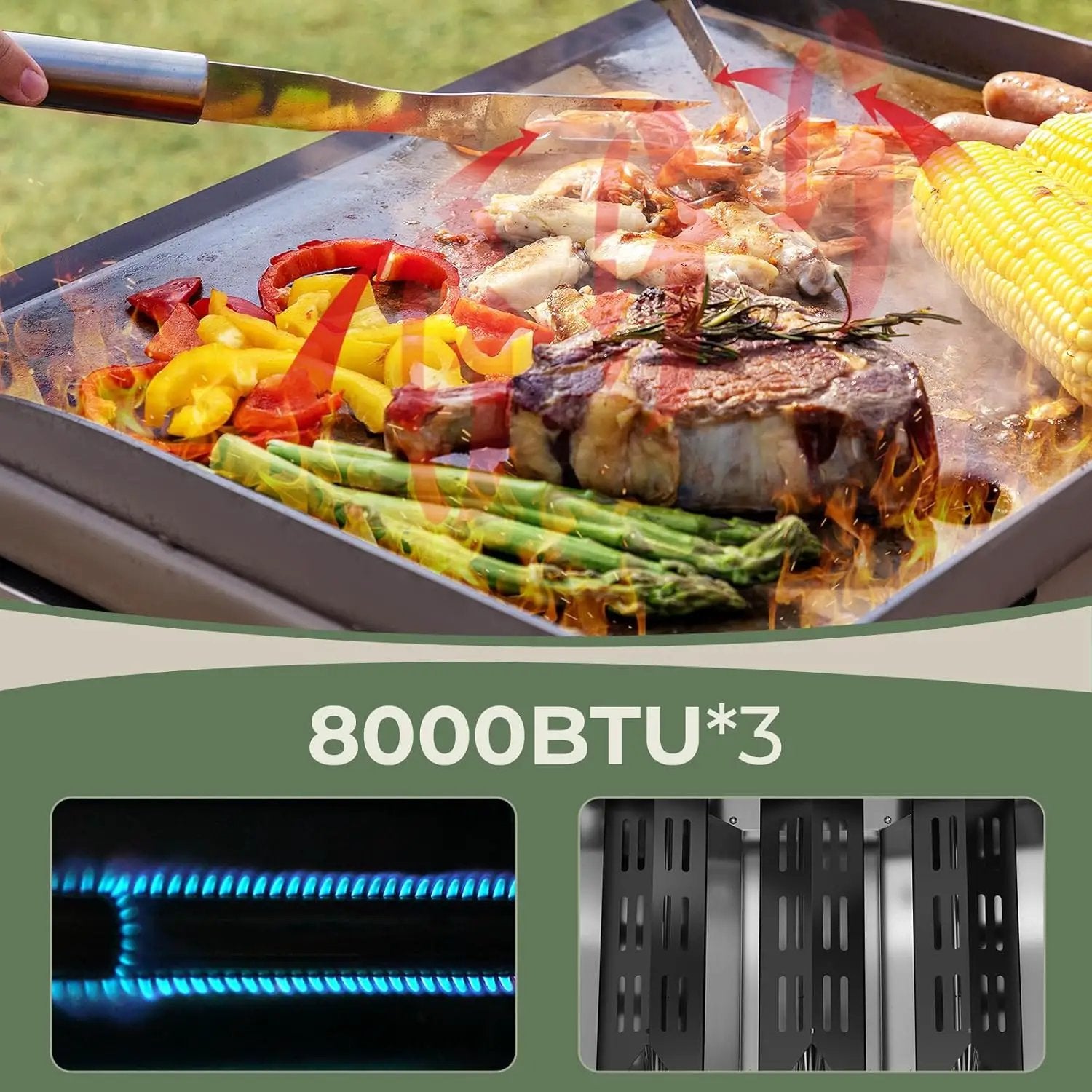 R.W.FLAME 3-Burner Tabletop Propane Gas Grill Stainless Steel Portable Outdoor Griddle,24,000 BTU Compact Flat Top Camping BBQ Grill,347 Sq. In. Cooking Area by GreenHaven Gardens