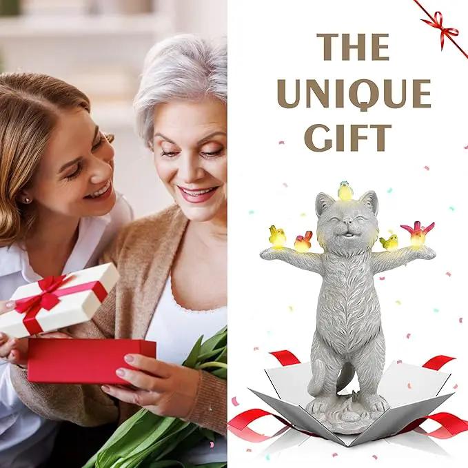 MININOVA Solar Outdoor Decorations Garden Statue Cat Figurines with Birds for Yard Patio Balcony Lawn Outside Ornaments Gifts for Women Mother Kids by GreenHaven Gardens