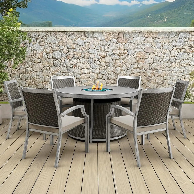 Mazatzal 7 Piece Wicker Patio Furniture Set with 52" Round Propane Gas Firepit Table, 6 Patio Chairs with Cushions, Outdoor Aluminum Conversation Set for Poolside, Backyard, CSA Certified, Gray by GreenHaven Gardens