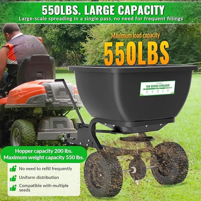 200LB Tow Behind Broadcast Spreader, Fertilizer Spreader Holds up to 550 lbs with 13" Pneumatic Tires and Adjustable Flow Control Lever,for Fertilizer, Grass Seed, Salt, Ice Melt, Lawn by GreenHaven Gardens