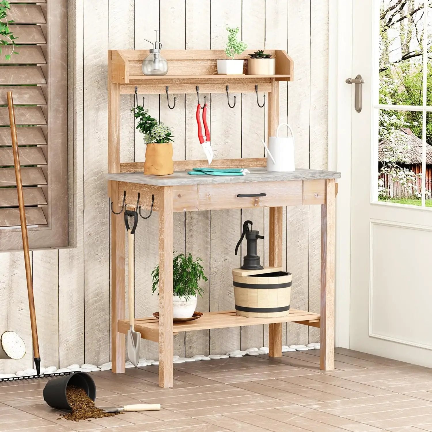 Outdoor Potting Bench Table with Metal Tabletop, Planting Table Potting Work Station with Storage Drawer and Removable Shelf Rack, Garden Potting Table for Outdoors by GreenHaven Gardens