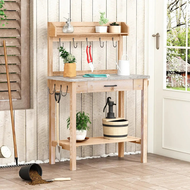 Outdoor Potting Bench Table with Metal Tabletop, Planting Table Potting Work Station with Storage Drawer and Removable Shelf Rack, Garden Potting Table for Outdoors by GreenHaven Gardens