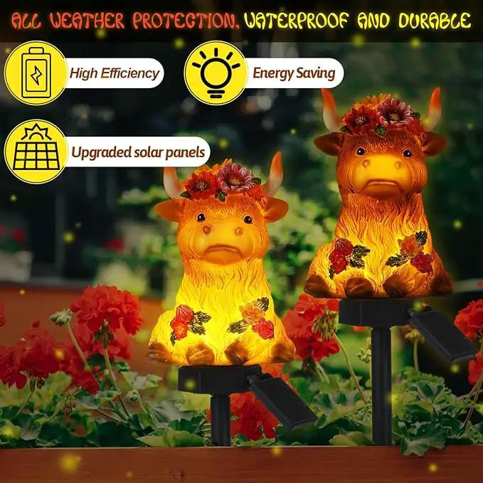 2 Pack Highland Cow Solar Lights Outdoor Garden Gnome Statues Resin Lamp Decor Waterproof Stake Lights Highland Cow Gifts for Yard Patio Lawn Decor by GreenHaven Gardens