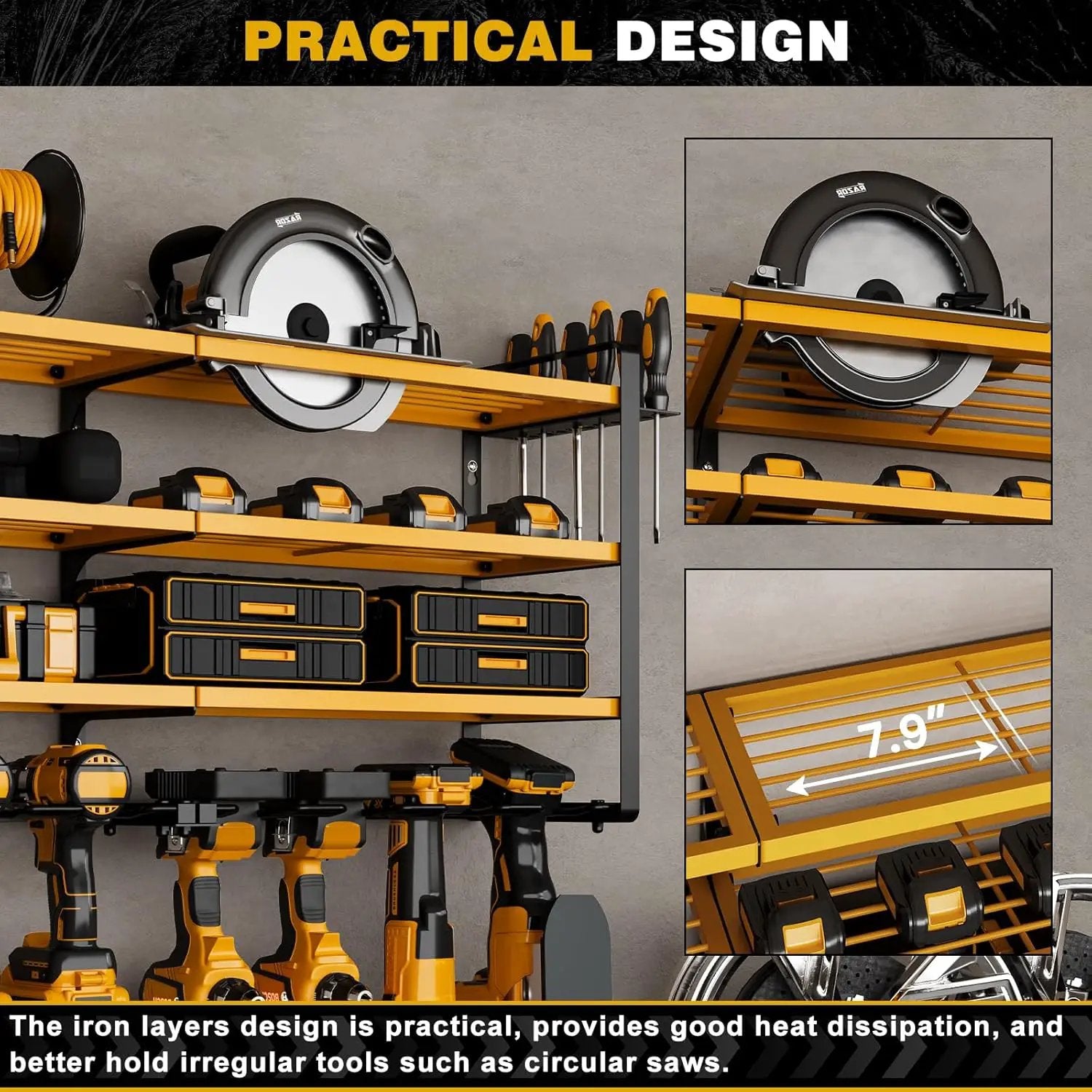 48" Large Power Tools Organizer Wall Mount,12 Drill Holder for Garage, Workshop Heavy Duty Storage Rack (Yellow) by GreenHaven Gardens
