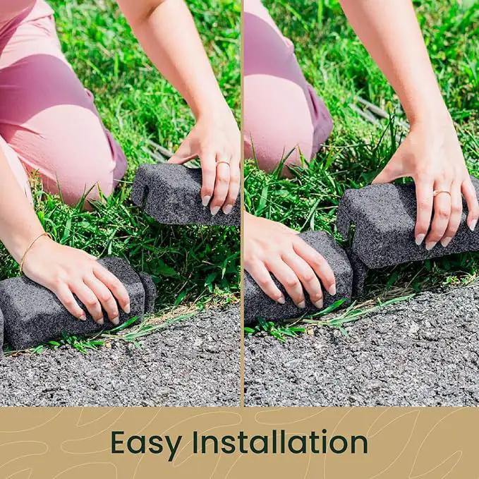 Beuta Landscape Edging | Garden Edging Border | Faux Stone Bricks for Lawn edging, Flower beds, Pathways & Yard Edging– 10 Packs | Each Section Has 6 Bricks 48"L x 4"W x 2.25"H | 30 Spikes |Charcoal by GreenHaven Gardens