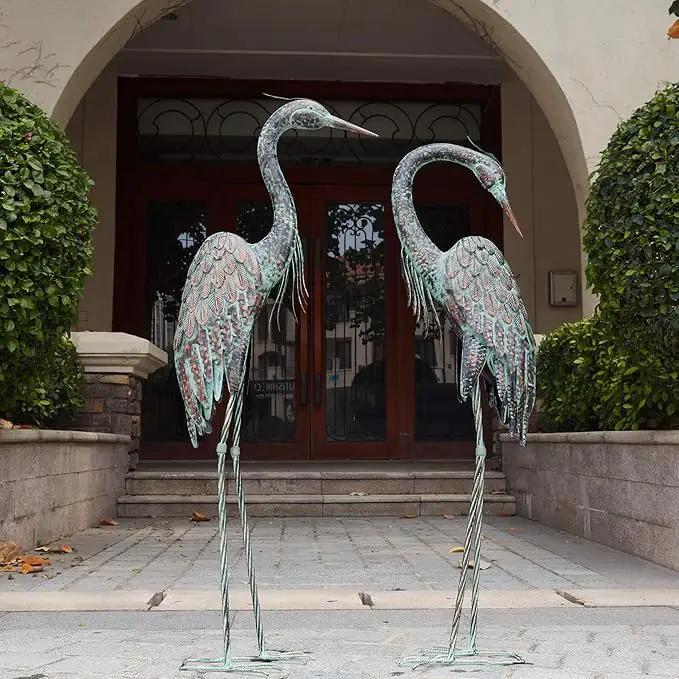 Kircust Garden Crane Statues, Standing Metal Patina Heron Decoy Outdoor Statue, 42-46 Inch Bird Yard Art for Patio Lawn Pond, Set of 2 by GreenHaven Gardens