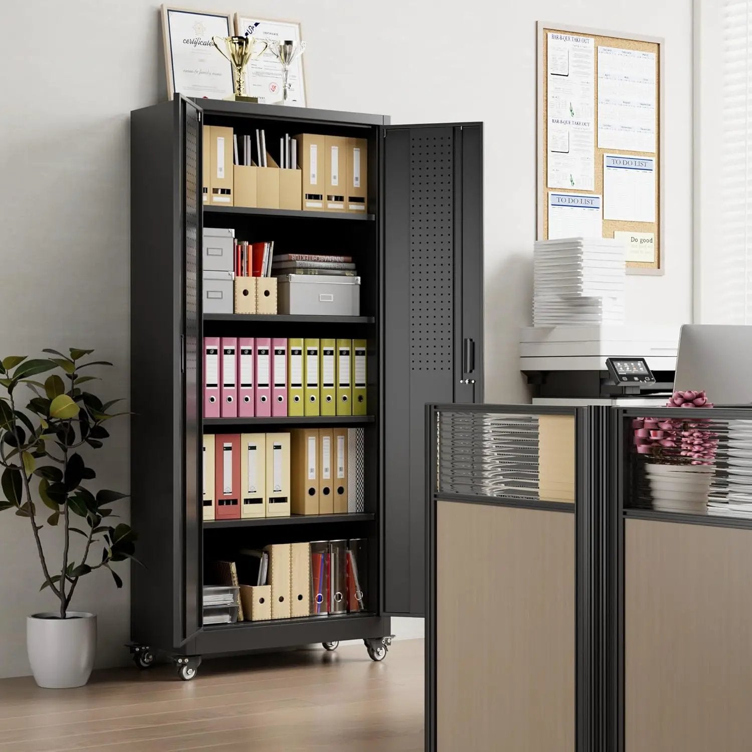 73" H Metal Garage Storage Cabinet with Wheels & Pegboard,Rolling Tool Cabinet with 2 Doors and 4 Shelves for Garage,Home,Office,Warehouse,Workshop, Required-Assembly,Black by GreenHaven Gardens