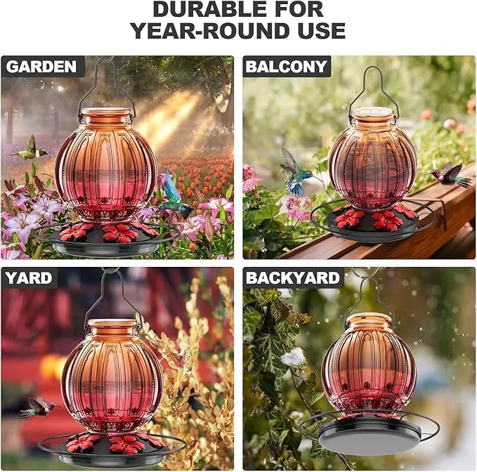 Glass Hummingbird Feeder for Outdoors Hanging, 26Oz Bird Nectar Feeder with Perch & 5 Flower Feeding Ports, Leak Proof for Outside Garden Decor Backyard, Gifts for Women Mom, Clear & Red by GreenHaven Gardens