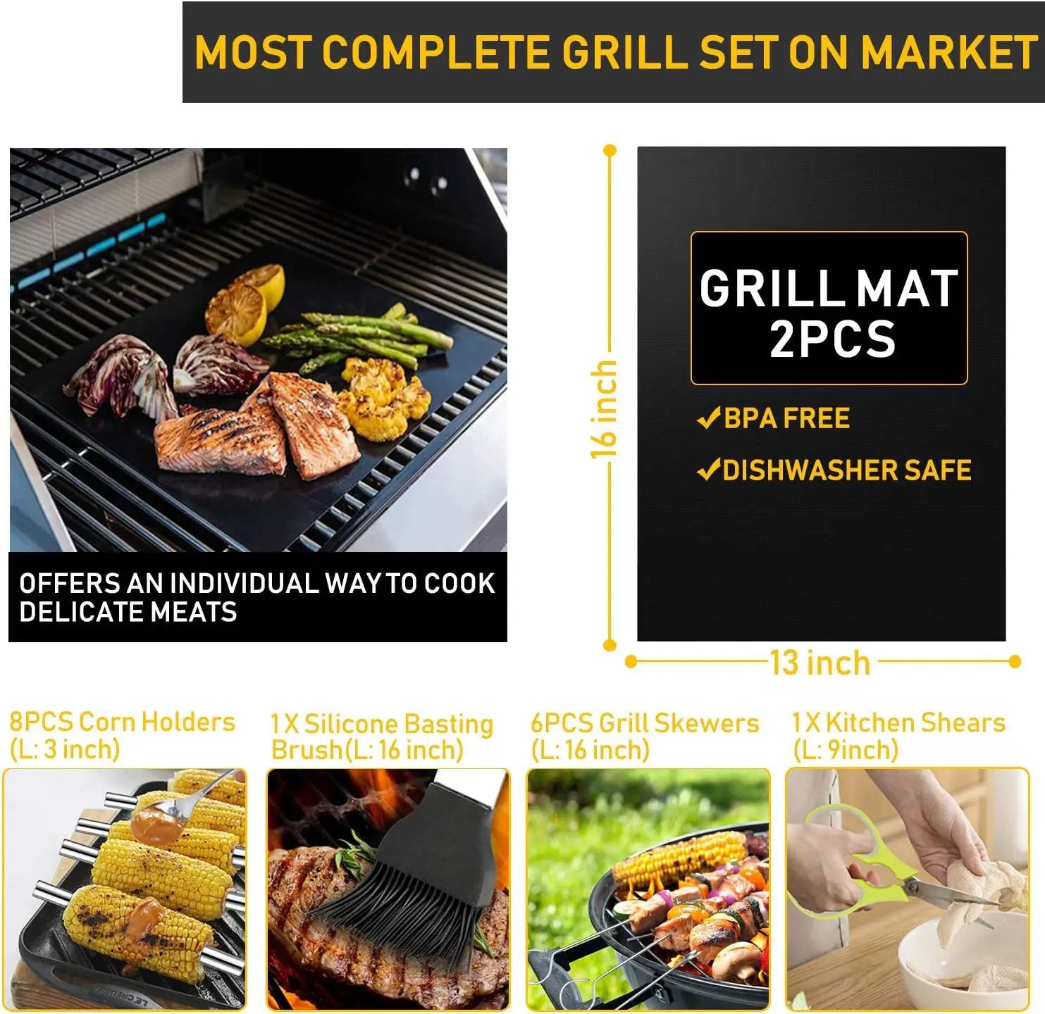 34Pcs Grill Accessories Grilling Gifts for Men, 16 Inches Heavy Duty BBQ Accessories, Stainless Steel BBQ Tools with Thermometer, Grill Mats for Backyard, BBQ Gifts Set for Men Women by GreenHaven Gardens