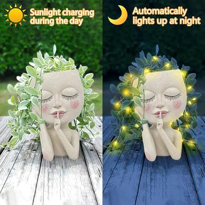Solar Face Flower Pot,Head Planter Pot,with Led String Lights Succulent Planter Light,Warterproof Resin Cactus Planters,Cute Closed Eyes Lady Face Planter,for Indoor Outdoor Plant Garden Decor (Large) by GreenHaven Gardens
