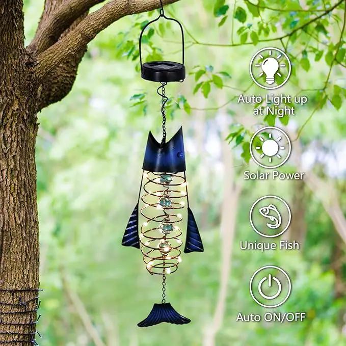 Outdoor Lights for Patio Garden Decor - Metal Solar Fish Hanging Decoration - Solar Lamp Decorative Yard Art - Pretty Nice Lantern for Man Woman Holiday Gift Ideas | Waterproof Warm LED Lighting by GreenHaven Gardens