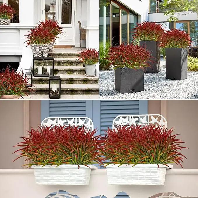 Ouddy Decor 16 Bundles Artificial Plants Outdoor Fake Grass Greenery Stems UV Resistant Faux Plastic Plants Shrubs for Autumn Home Garden Pathway Farmhouse Front Porch Harvest Thanksgiving Decor, Red by GreenHaven Gardens