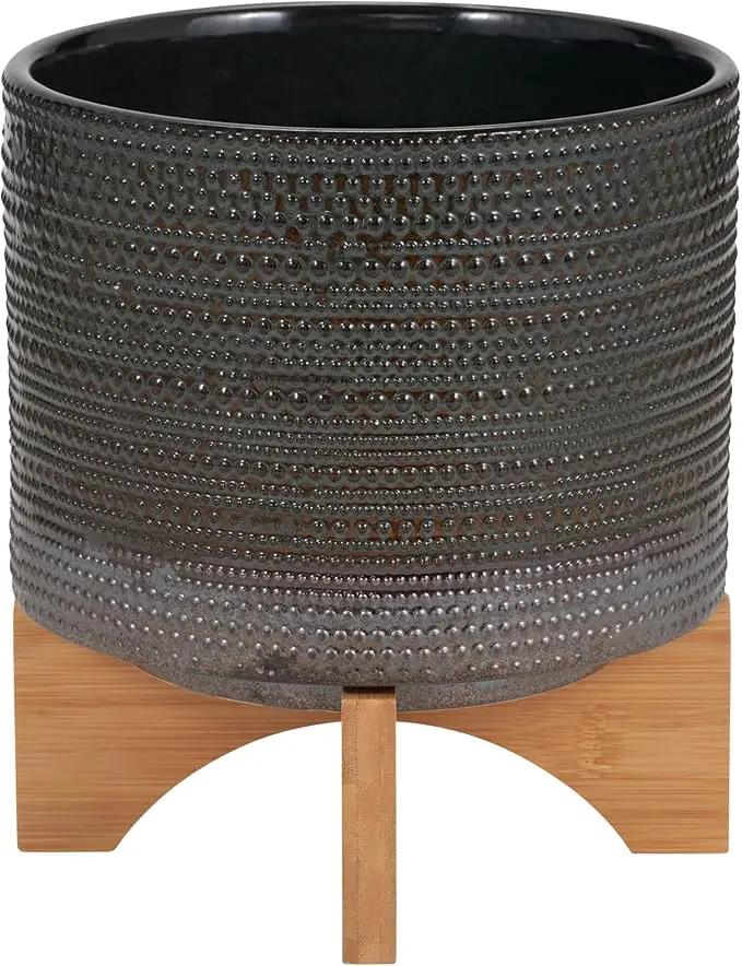 Sagebook Home 8" Ceramic Planter on Bamboo Wood Stand - Green Plant Stand with Contemporary Dotted Design - Indoor or Outdoor Plants and Succulents by GreenHaven Gardens