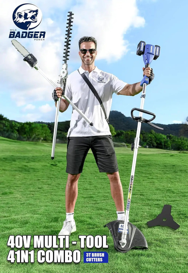 WILD BADGER POWER 40V Cordless Weed Wacker, String Trimmer/Edger, Pole Saw, Hedge Trimmer and Brush Cutter Blade, Attachment Capable 4-in-1 Multi-Tool Kit with 2 * 20V 4Ah Battery and 1*Charger by GreenHaven Gardens