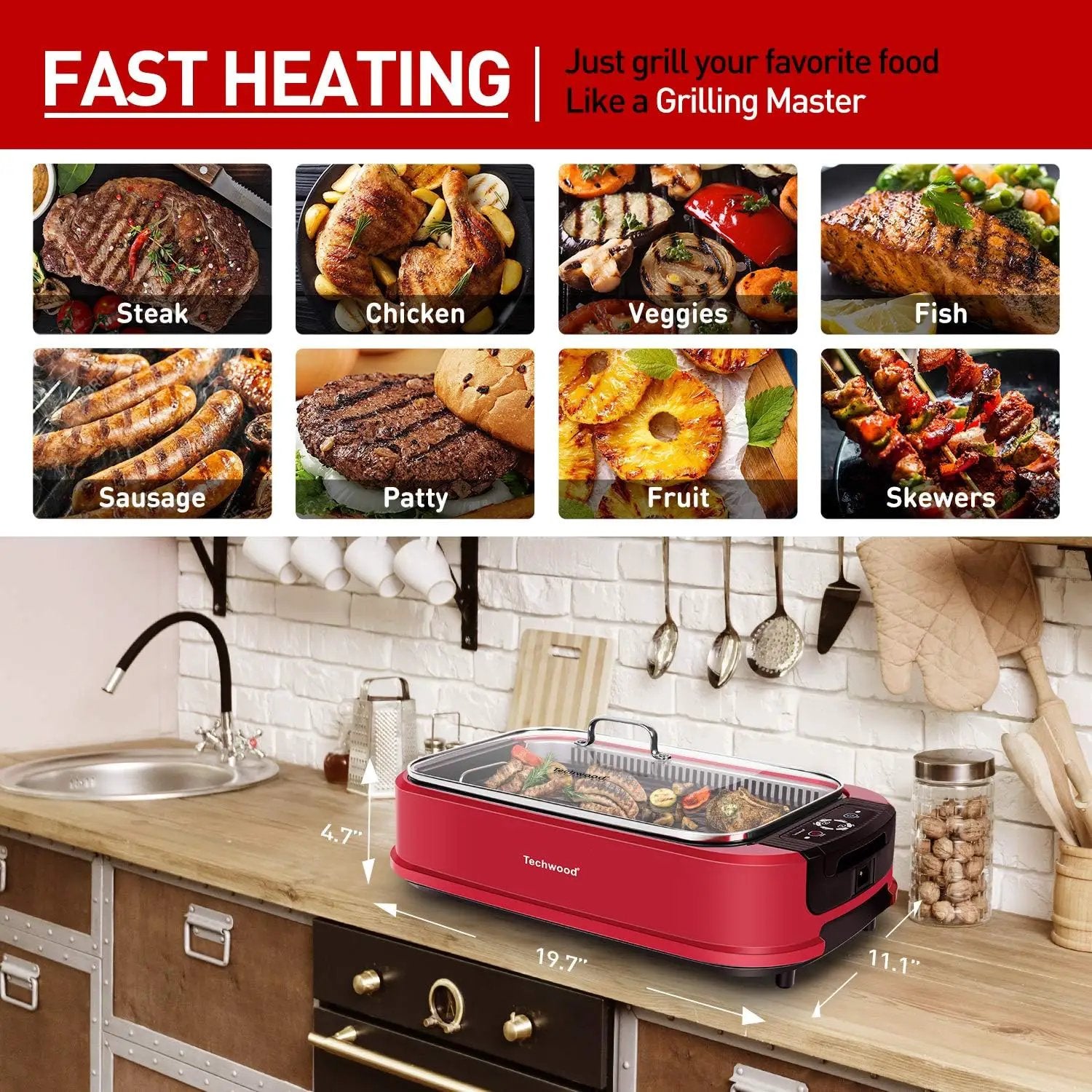 Smokeless Indoor Grill, Techwood 1500W Electric Grill Portable Korean Grill Non-Stick Grill Plates with Temperature Control, Removable Drip Tray, Tempered Glass Lid, Dishwasher-Safe by GreenHaven Gardens