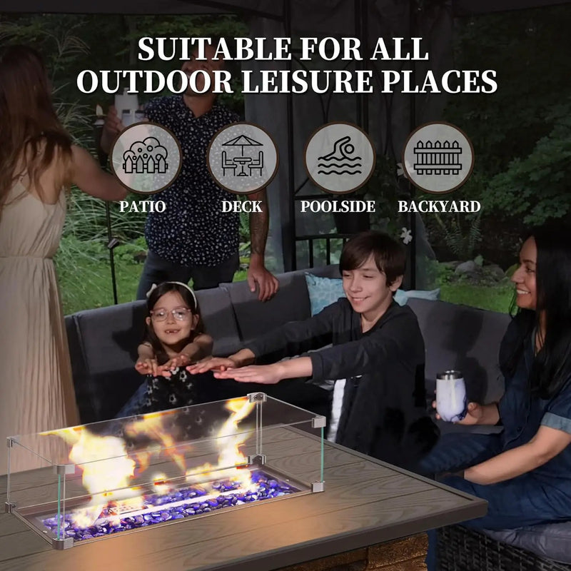 43” Propane Fire Pit Table Outdoor Rectangular Stone Firepit Table 50,000 Btu Propane Fire Tables for Outside Patio with Glass Wind Guard, Lid, Fire Glass Beads,Brown Rock Look by GreenHaven Gardens