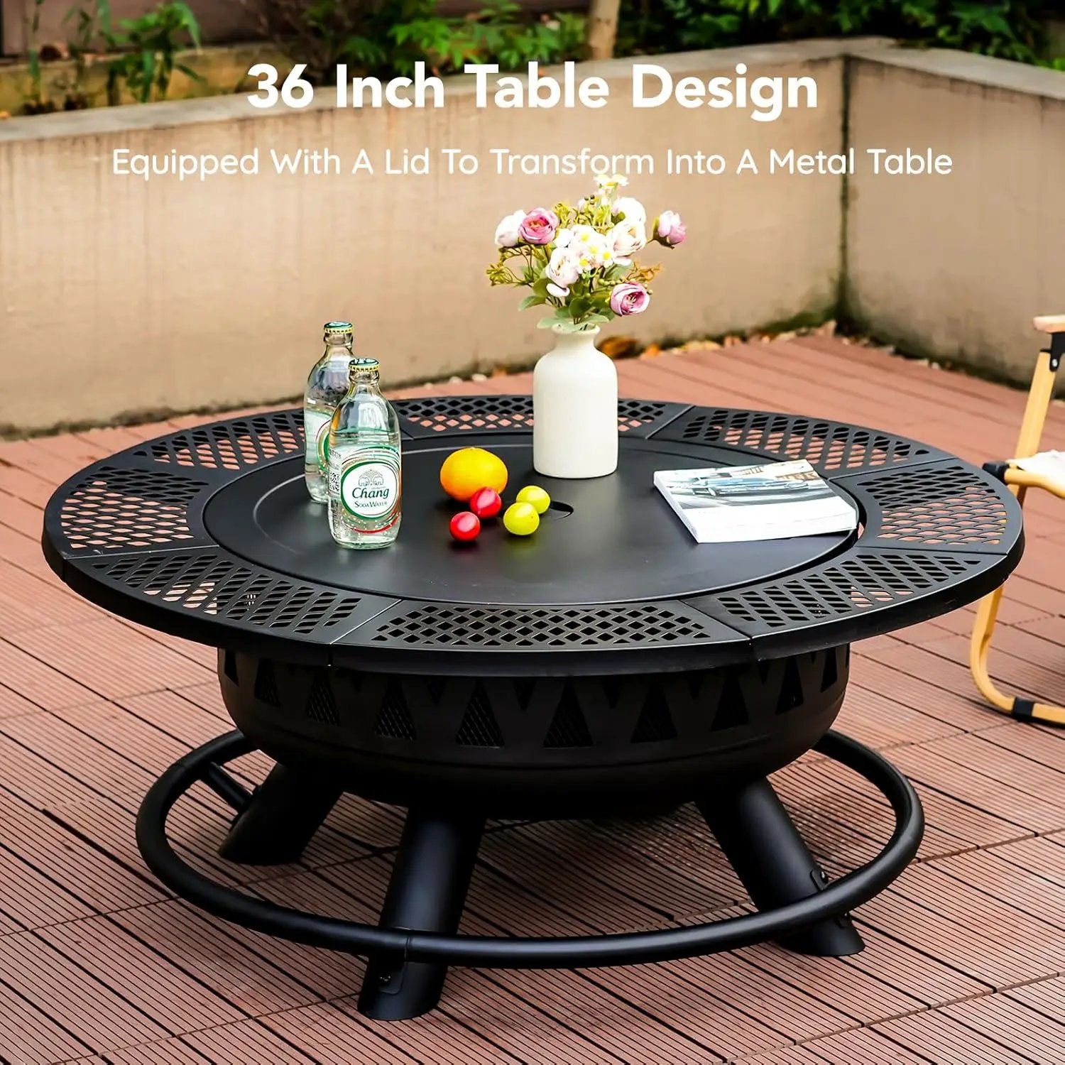 36 Inch Fire Pit with 2 Grills, Large Outdoor Firepits for Outside, Wood Burning Fireplace for Camping,Picnic,Bonfire, 3-in-1 Round Metal Table with Lid for Backyard,Patio,Party by GreenHaven Gardens