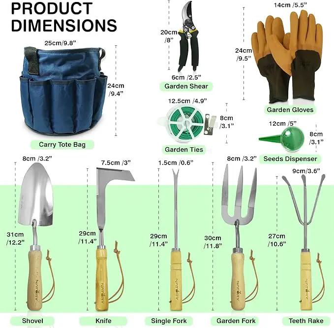 Garden Tools Set – Premium Stainless Steel Gardening Hand Tools with Solid Beechwood Handle – Gardening Kit with Rake, Shovel, Gloves, Shears, Tool Organizer – Garden Gifts for Women and Men by GreenHaven Gardens