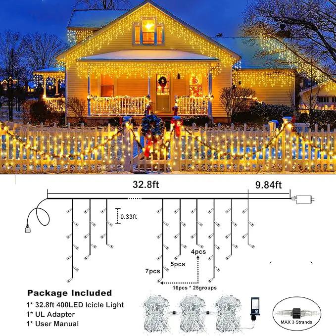 Icicle Lights for Outside, 33FT 400 LED Christmas Lights Outdoor Indoor with 8 Modes Waterproof, Connectable Plug in String Hanging Light for House Roof Yard Wedding Holiday Decor, Warm White by GreenHaven Gardens