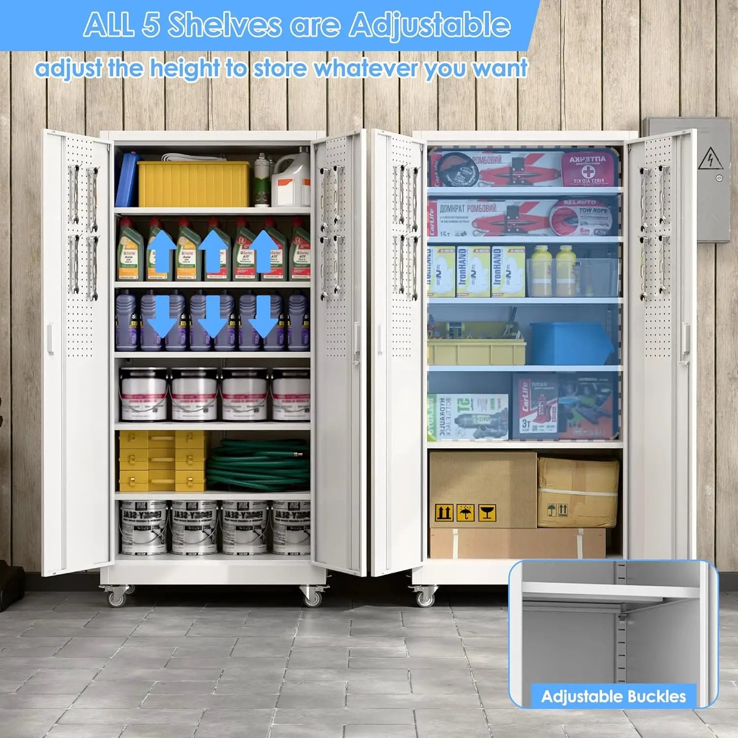 Metal Garage Storage Cabinet with Wheels & Pegboard, Lockable Metal Storage Cabinets with 2 Doors&5 Adjustable Shelves for Garage&Home,Assembly Required,White 71''H x32''W x16''D by GreenHaven Gardens