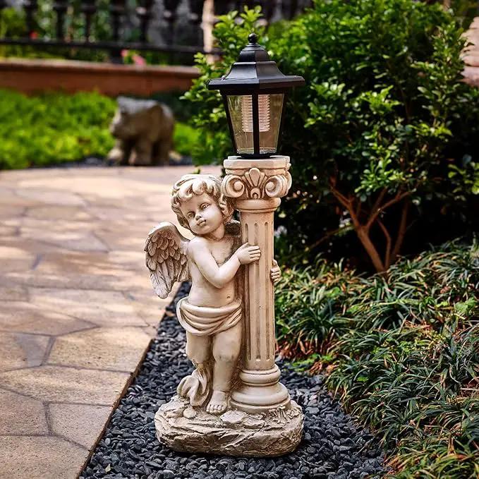 Angel Statue with Solar Lights (Left) 19.7 Inch, Solar Cherub Angel Garden Statue with Roma Pillar for Garden Decor, Porch, Patio, Yard Art Decorations, Polyresin by GreenHaven Gardens