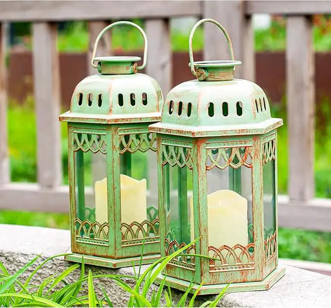 SteadyDoggie Solar Lanterns 2 Pack Green - Hanging Solar Lights with Flickering Candle LED - Retro Ornate Hanging Solar Lantern with Handle by GreenHaven Gardens