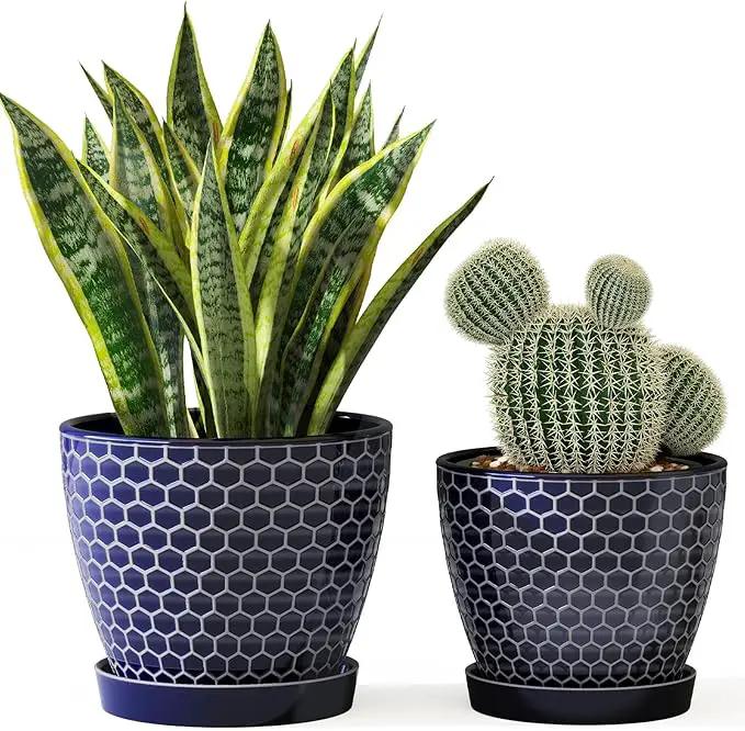 Docrin Ceramic Plant Pots Indoor, 6.6 + 5.5 Inch Planters with Drainage Holes and Saucer for Home/Office - Set of 2 /Blue Honeycomb by GreenHaven Gardens
