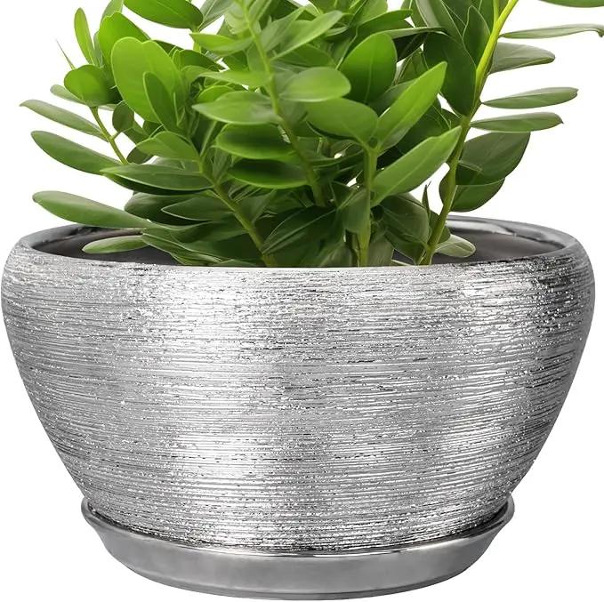 Flower Pot for Indoor Plants - Ceramic Planter 11 Inch Plant Pot with Drainage Hole and Saucer Large Decorative Planter Outdoor Mid-Century Planter for House Decor Silver by GreenHaven Gardens