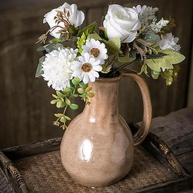 Brown Ceramic Vase with Big Handles, Modern Farmhouse Decor, Rustic Pottery for Flowers, Decorative Terracotta Centerpiece for Dining Table by GreenHaven Gardens