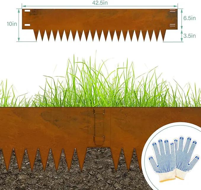 Co rten Steel Landscape Edging 10 Inch Tall 6 Packs, Pre-Rusted Metal Garden Edging with 6 Clips and a Pair of Gloves, Steel Edging for Landscaping, Garden by GreenHaven Gardens