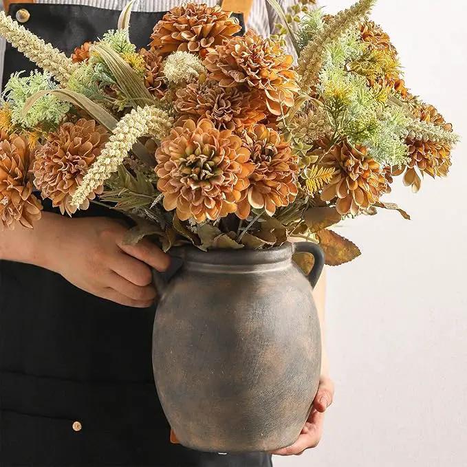 Ceramic Flower Vase 7.6 inch Farmhouse Rustic Vase Decorative Pottery Terracotta Vases for Home Decor Table Mantle Fireplace Living Room Bathroom Wedding Centerpiece (Black) by GreenHaven Gardens
