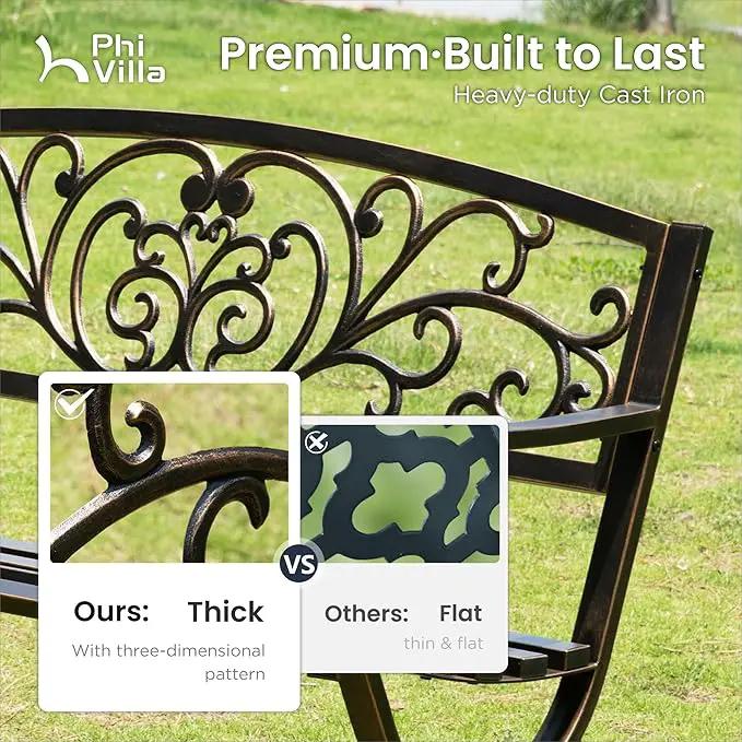 PHI VILLA 50Inch Cast Iron Steel Frame Garden Bench Patio Furniture Chair Outdoor Bench w/Floral Design Backrest, Slatted Seat for Park, Yard & Porch, Bronze by GreenHaven Gardens