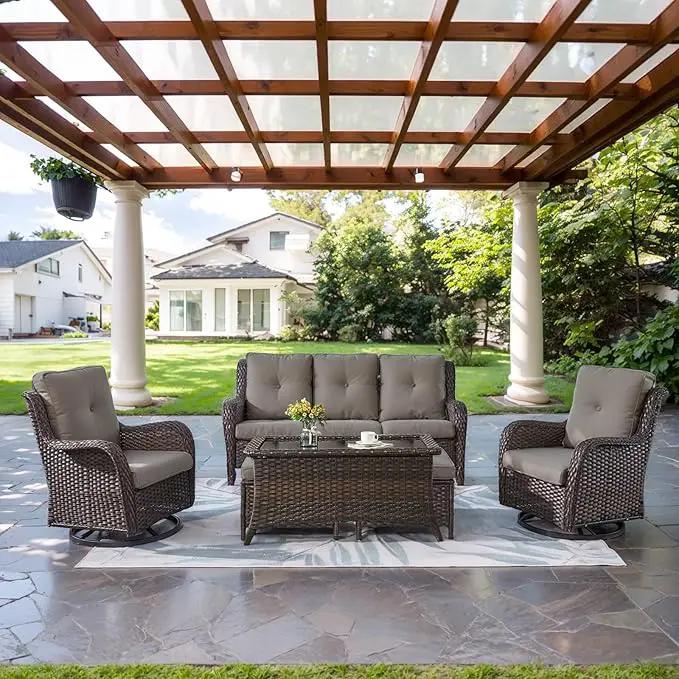 Wicker Outdoor Furniture Patio Furniture Set - 6 Piece Patio Conversation Set with Swivel Rocker Chairs, Rattan Sofa, Ottomans and Coffee Table, Gray Cushion by GreenHaven Gardens