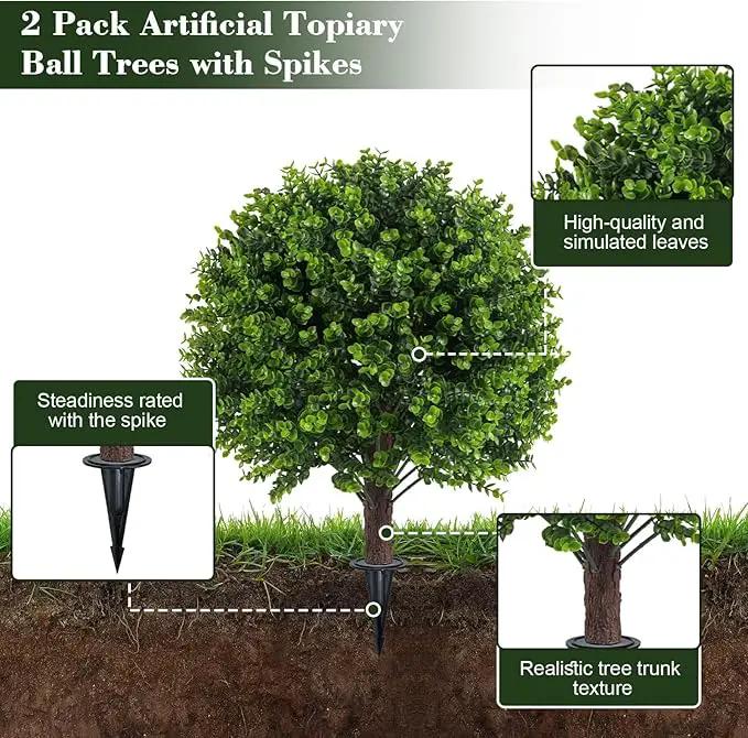 Artificial Boxwood Topiary Outdoor Plants with Spike, 2 Pack Faux Bushes UV Resistant Fake Shrubs for Front Porch Décor by GreenHaven Gardens