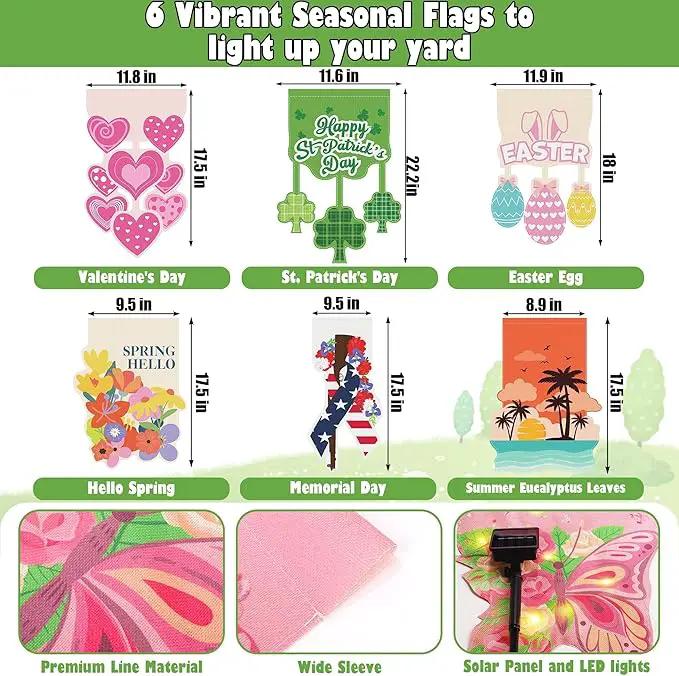 6 Set Seasonal Garden Flags 8 Modes Solar LED Double Sided 12 x 18 Inch Small Yard Flag Outdoor Lighted Spring Summer Easter Memorial St. Patrick's Day Valentine Garden Decor for All Seasons by GreenHaven Gardens