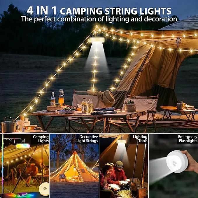 Camping String Lights, 4 in 1 Quick Storage 32.8FT Rechargeable Tent Lights with 6 Modes Hanging Waterproof Camp Lamp Camping Essentials for AwnTent Hiking Yard Garden Bedroom Festival -Warm White by GreenHaven Gardens