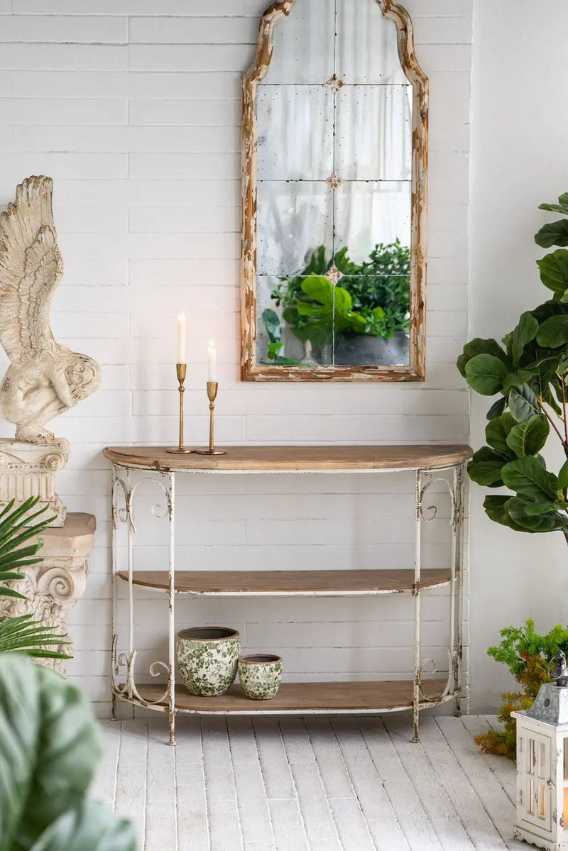 3 Tiered Wooden Shelving Unit With Ornate Iron Frame - Multicolor by Unique Piece Furniture